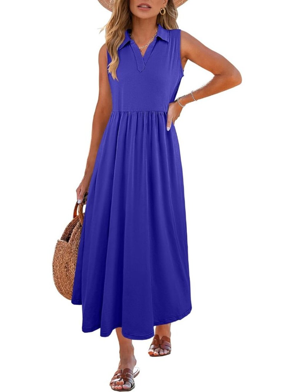 Women Royal Blue V Neck Flowy Aline Maxi Sundress Summer Sleeveless Casual Dress